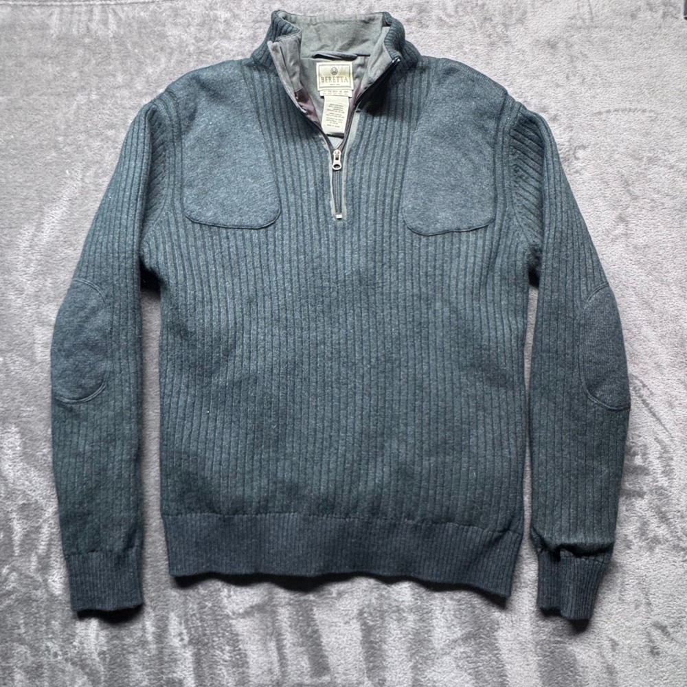 Beretta Quarter Zip Sweater Mens XL Green Lambswool Ribbed Shooting Patch EUC‎